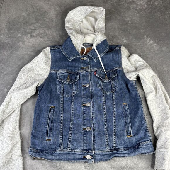 Levi's Jacket Womens L/M Blue Gray Hoodie Trucker Denim Sweatshirt Sleeves - Picture 1 of 12